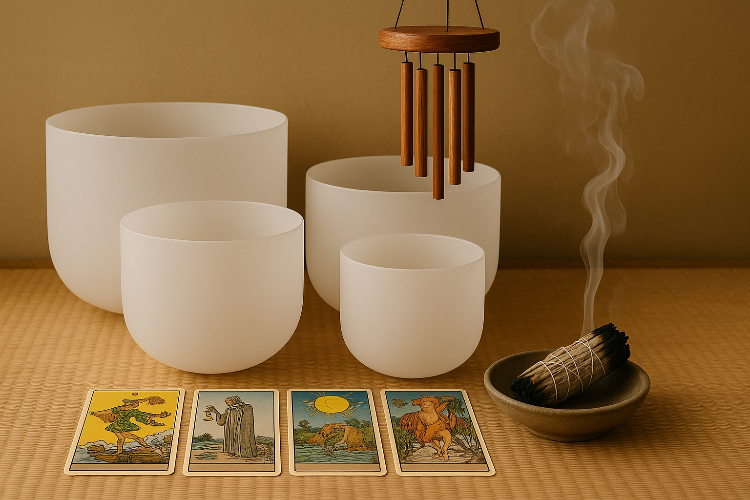 Four white singing bowls of different sizes, a bundle of smoke incense sticks in a bowl, a vintage tarot card spread, and a wooden wind chime hanging against a beige background.