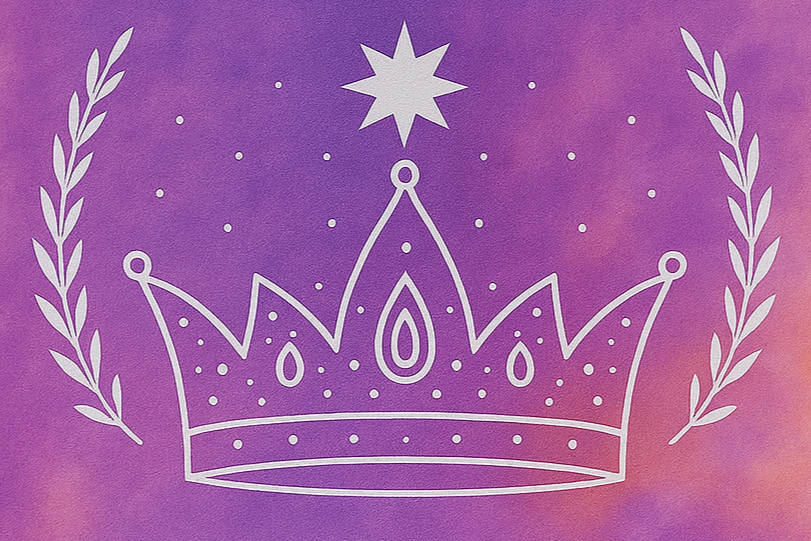 White outline drawing of a crown with a star above and laurel branches on each side, set against a purple and pink gradient background.