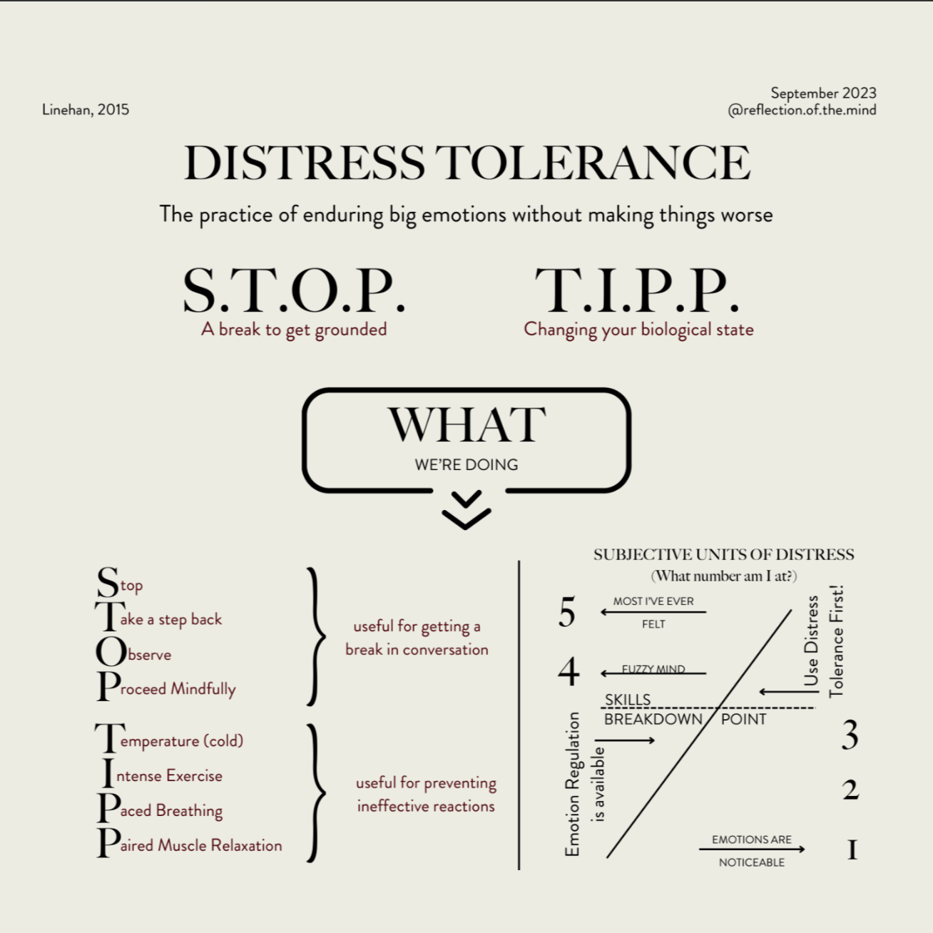 DT is about recognizing times where we are at an emotional level from which we might make things worse if we act on our impulses...and then finding ways to reduce our emotional level to a tolerable level before going back to solve the issue itself. 