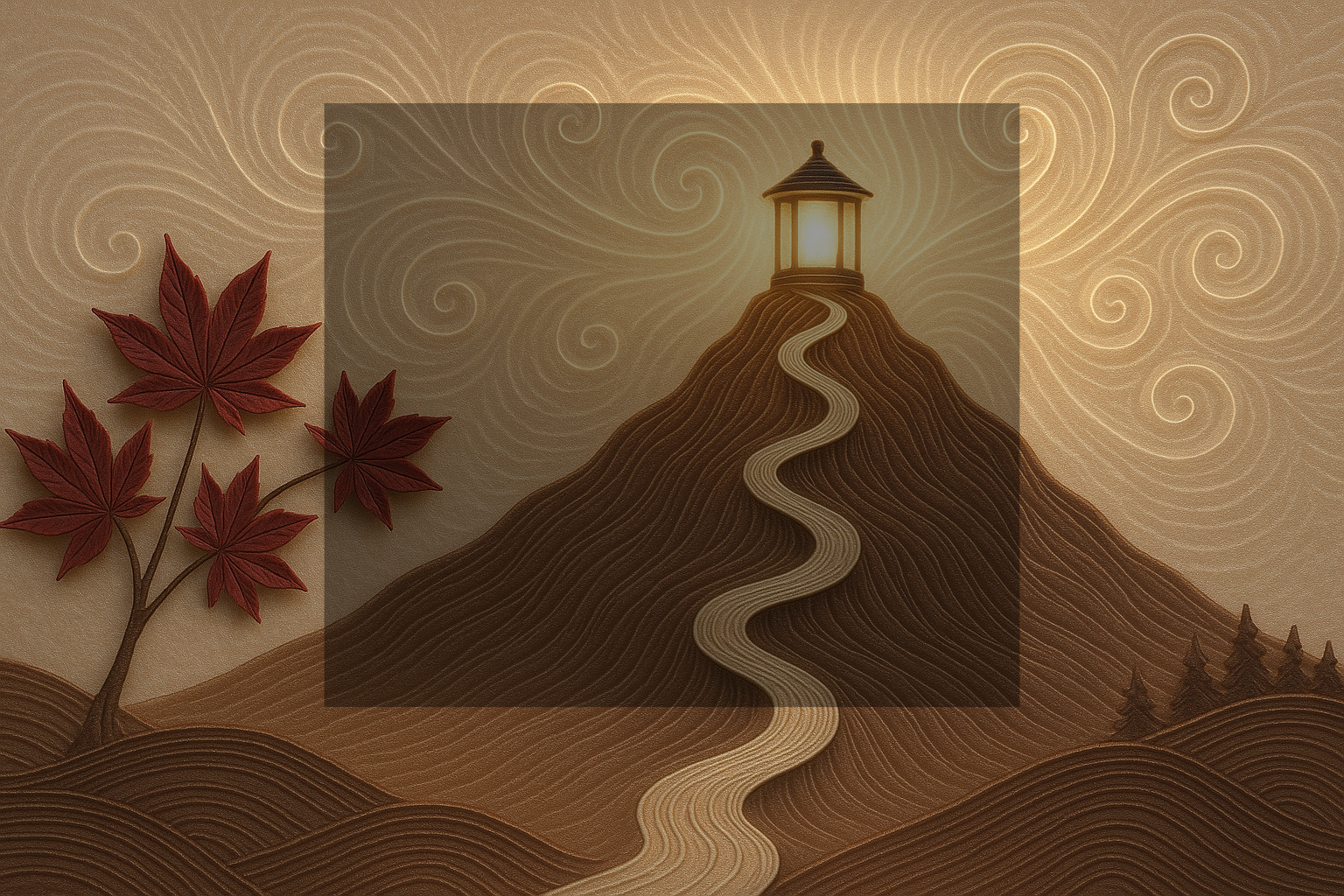 A stylized illustration of a mountain with a winding path leading to a lighthouse at the summit. A red maple tree with multiple leaves is in the foreground on the left, and the background features swirling patterns in warm tones.