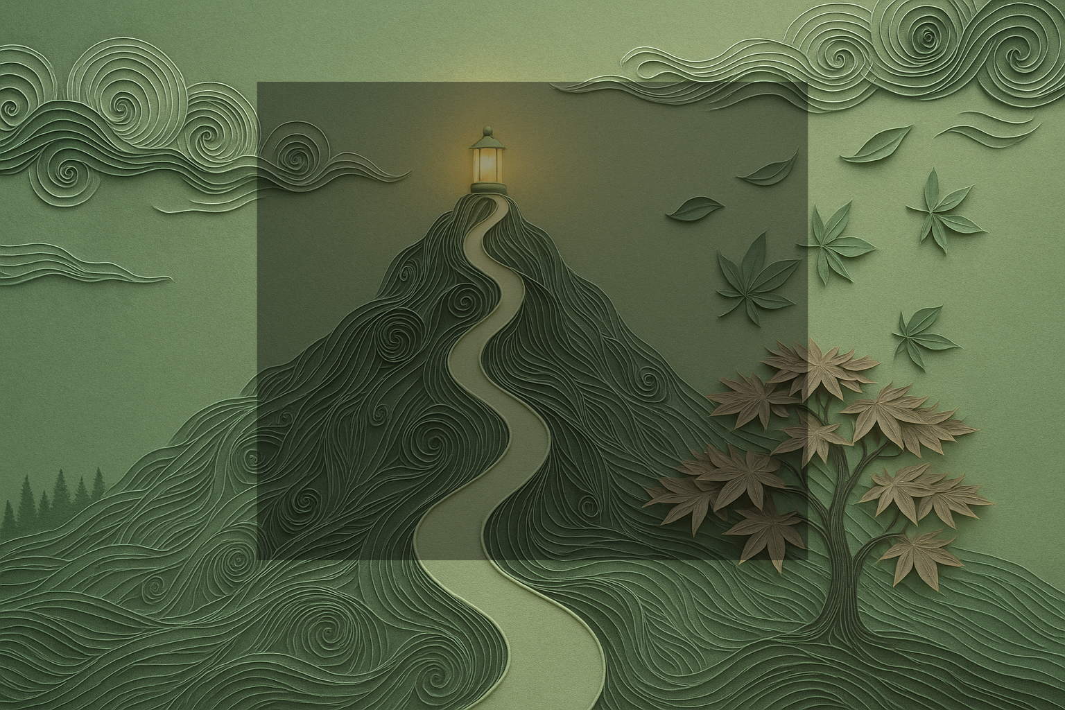 Paper art of a winding path leading to a lighthouse on a mountain, with clouds and leaves around, in shades of green and brown.