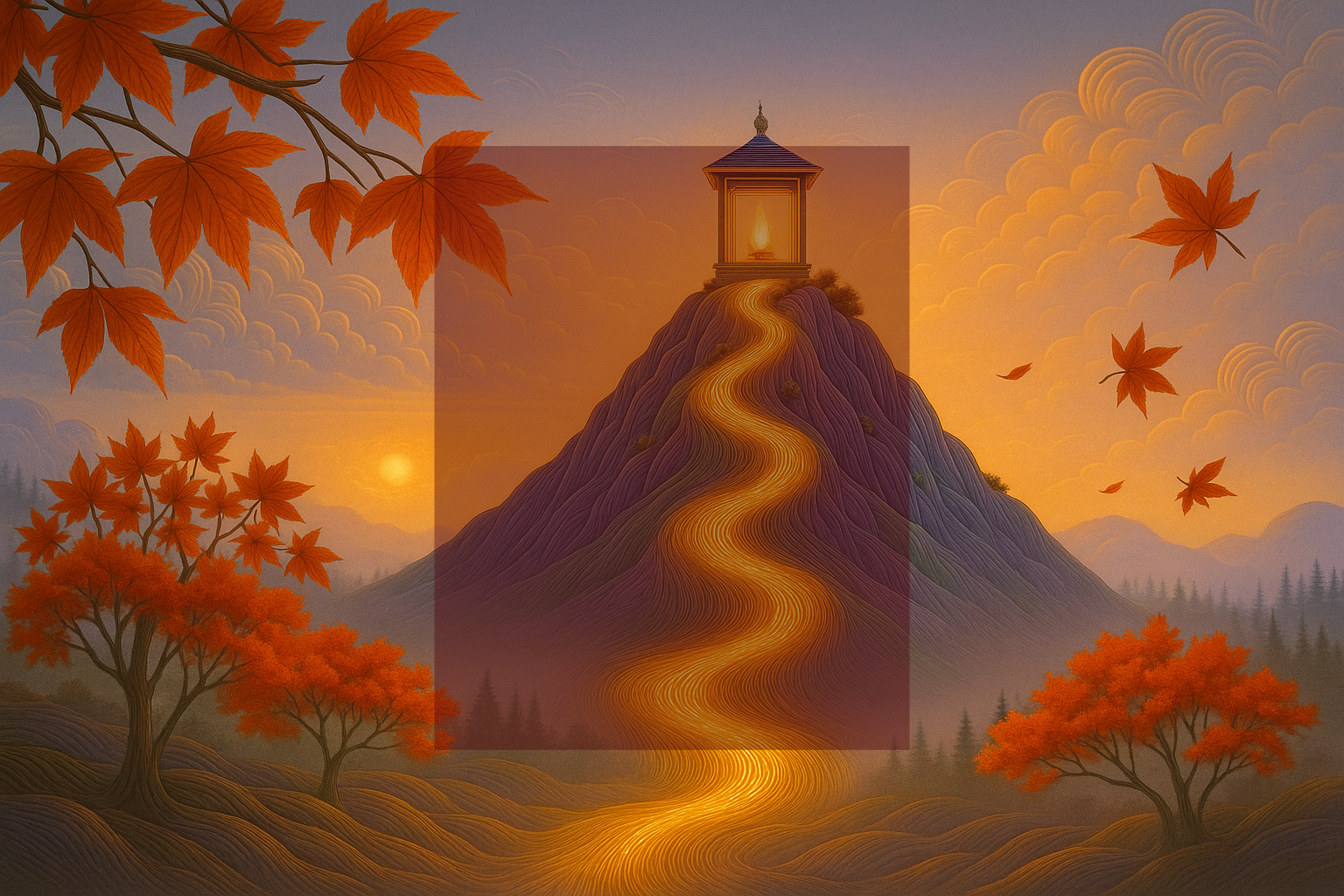 An illustrated scene of a mountain with a glowing golden path leading to a small temple at the summit. The scene is set during sunset, with orange and purple clouds and falling autumn leaves in shades of orange and red.