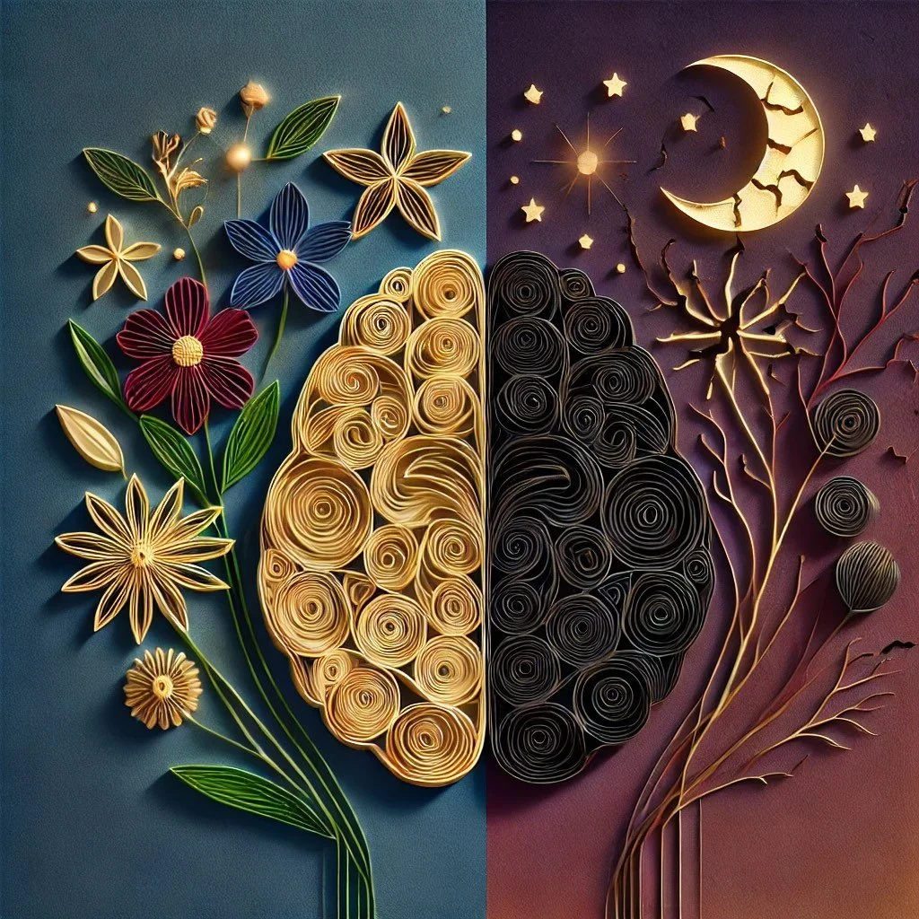 Split artwork of a brain made from rolled paper strips, with the left side featuring colorful flowers against a blue background, and the right side showing dark flowers, crescent moon, stars, and a spider against a dark background.