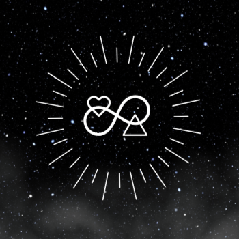 Stylized white line drawing combining a heart, infinity symbol, and triangle on a starry night background.