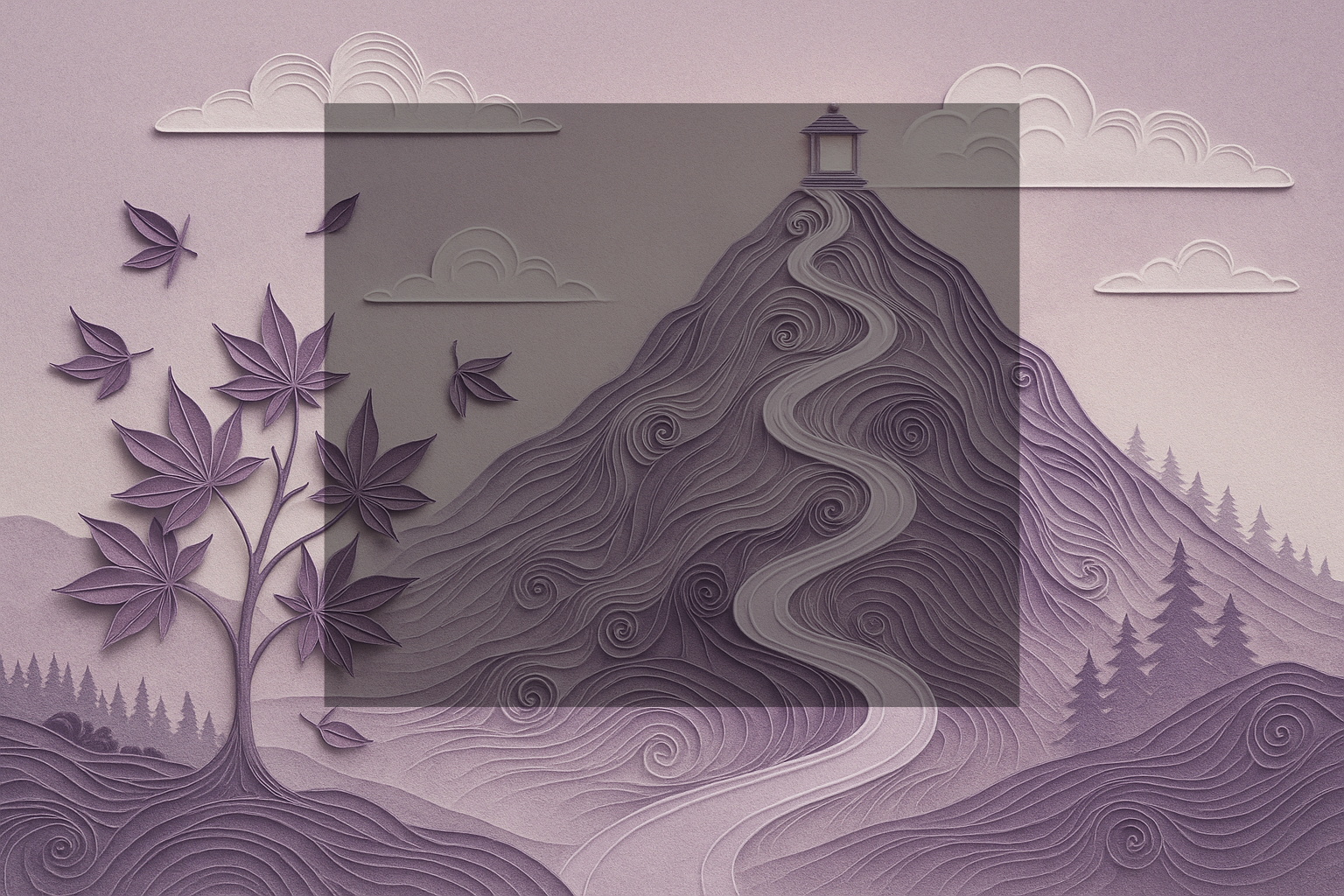 Paper art landscape of a mountain with a winding river, purple trees and leaves, clouds, and a small shrine at the top of the mountain.