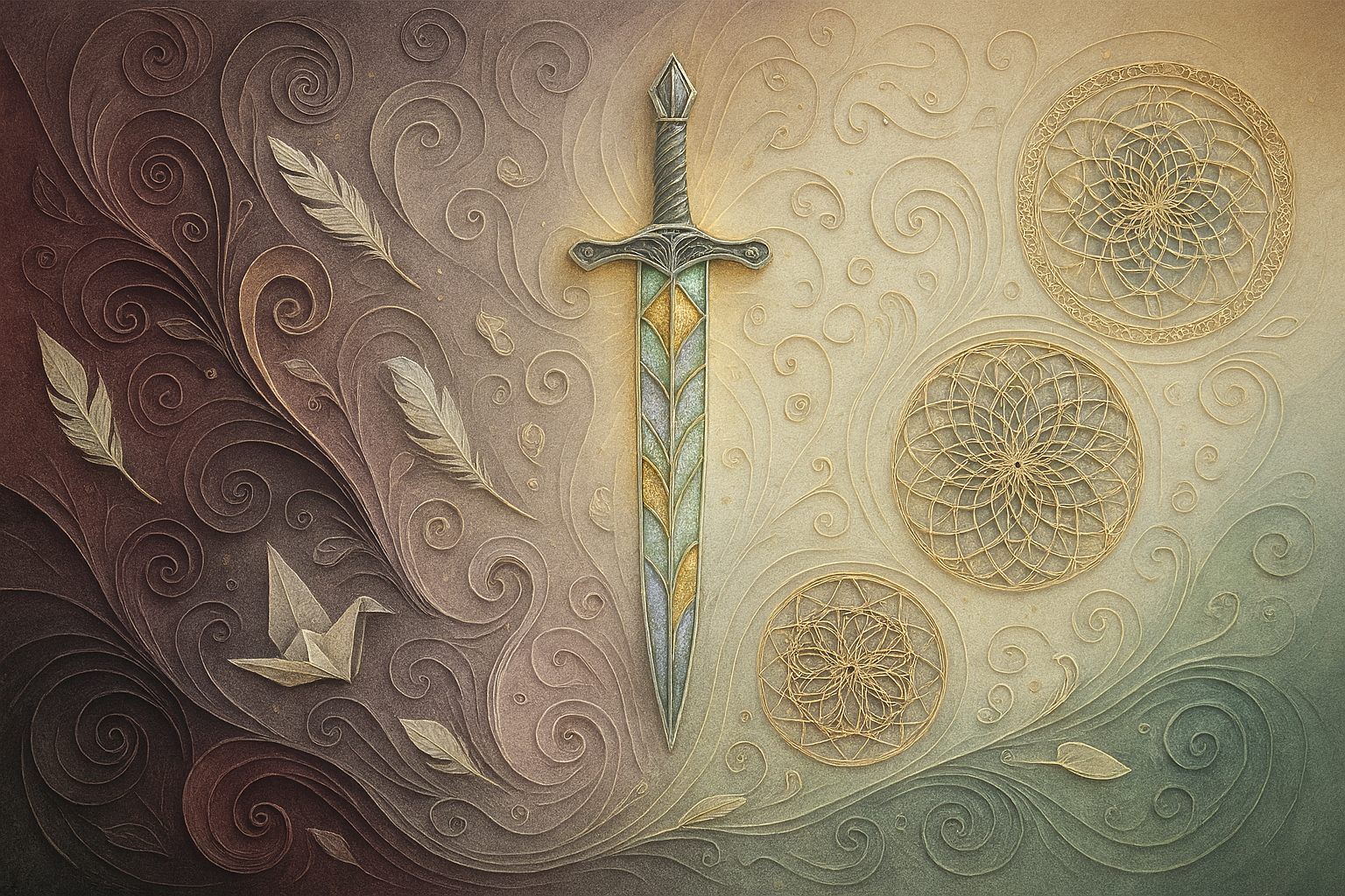 Decorative sword with patterned grip and colored accents on a swirling floral and leaf background with circular geometric designs.