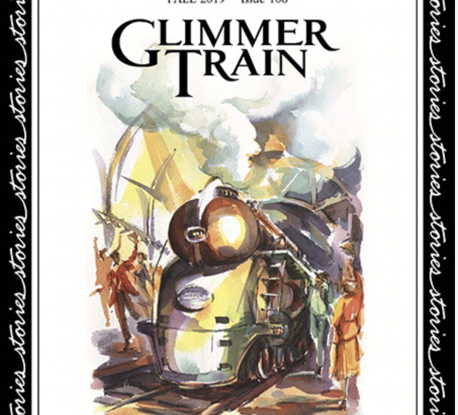 Watercolor illustration of a steam train with smoke billowing from its chimney, surrounded by people and railway tracks, with the title 'Climmer Train' at the top.