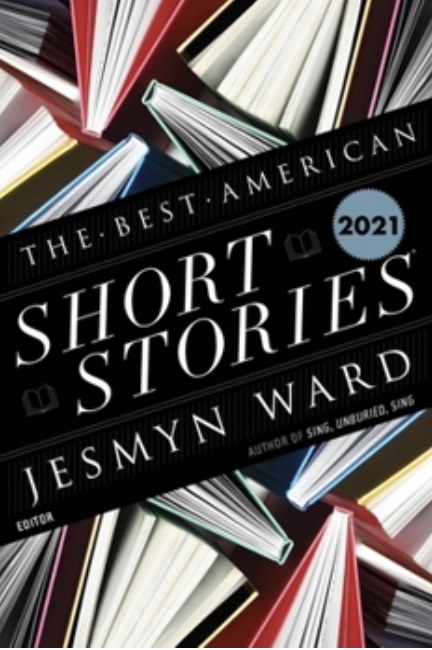 Cover of Short Stories by Jesmyn Ward, with a background of open books and the title and author's name prominently displayed.