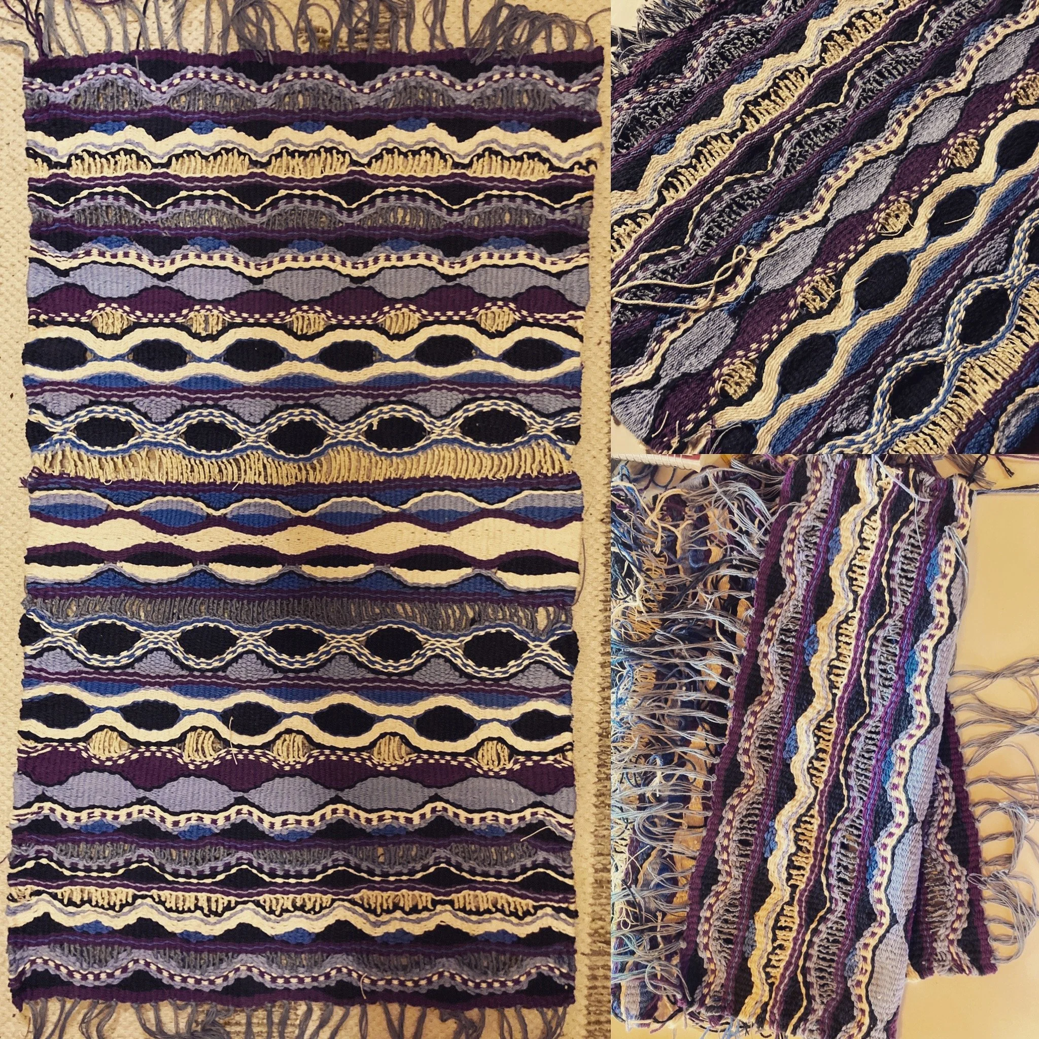 Various woven textile pieces with intricate, colorful patterns in shades of purple, beige, black, and blue, including a large flat piece and smaller pieces with fringes.