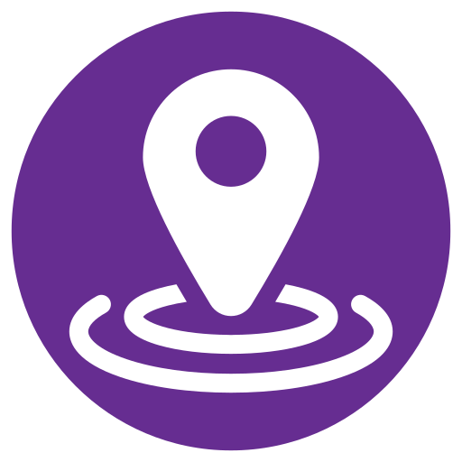 Purple icon with white map pin marker and ripple effect, representing location or GPS.
