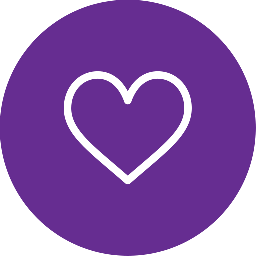 White outline of a heart on a purple circular background.