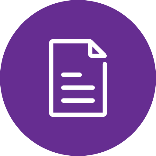 Icon of a document with lines of text on a purple circular background.