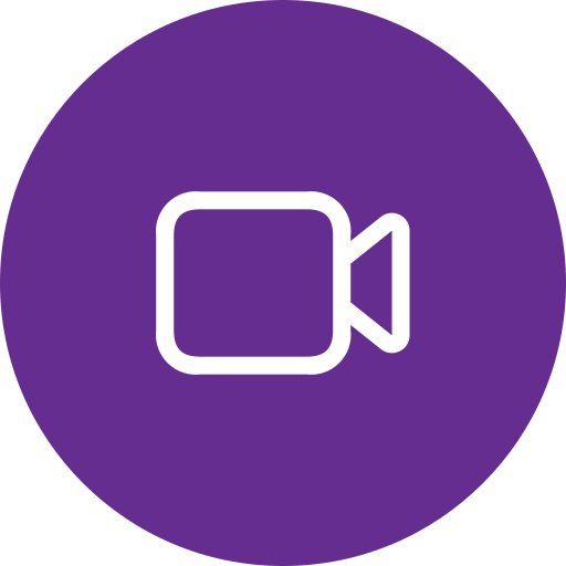 Icon of a video camera inside a purple circle.
