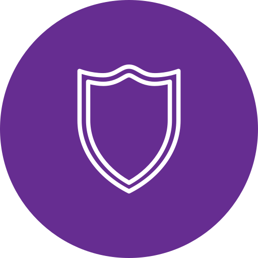 White outline of a shield on a purple circular background.