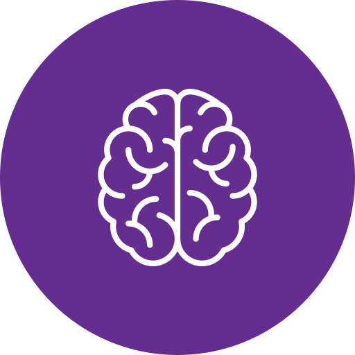 Simple line drawing of a human brain on a purple circular background.