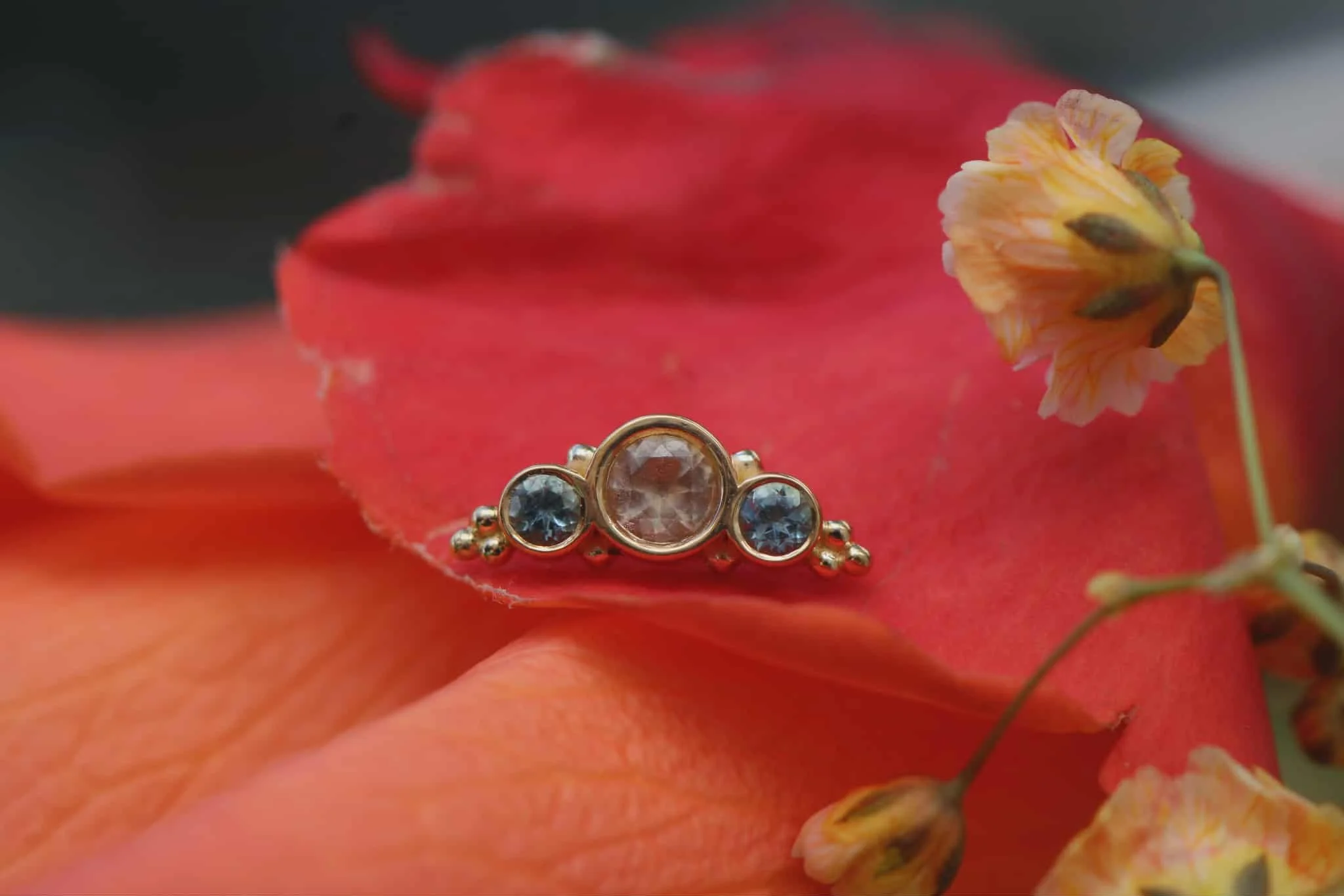 Body Vision Los Angeles ( BVLA ) , Yellow Gold 3 gem Graduating Panaraya with Oregon Sunstone & Swiss Blue Topaz