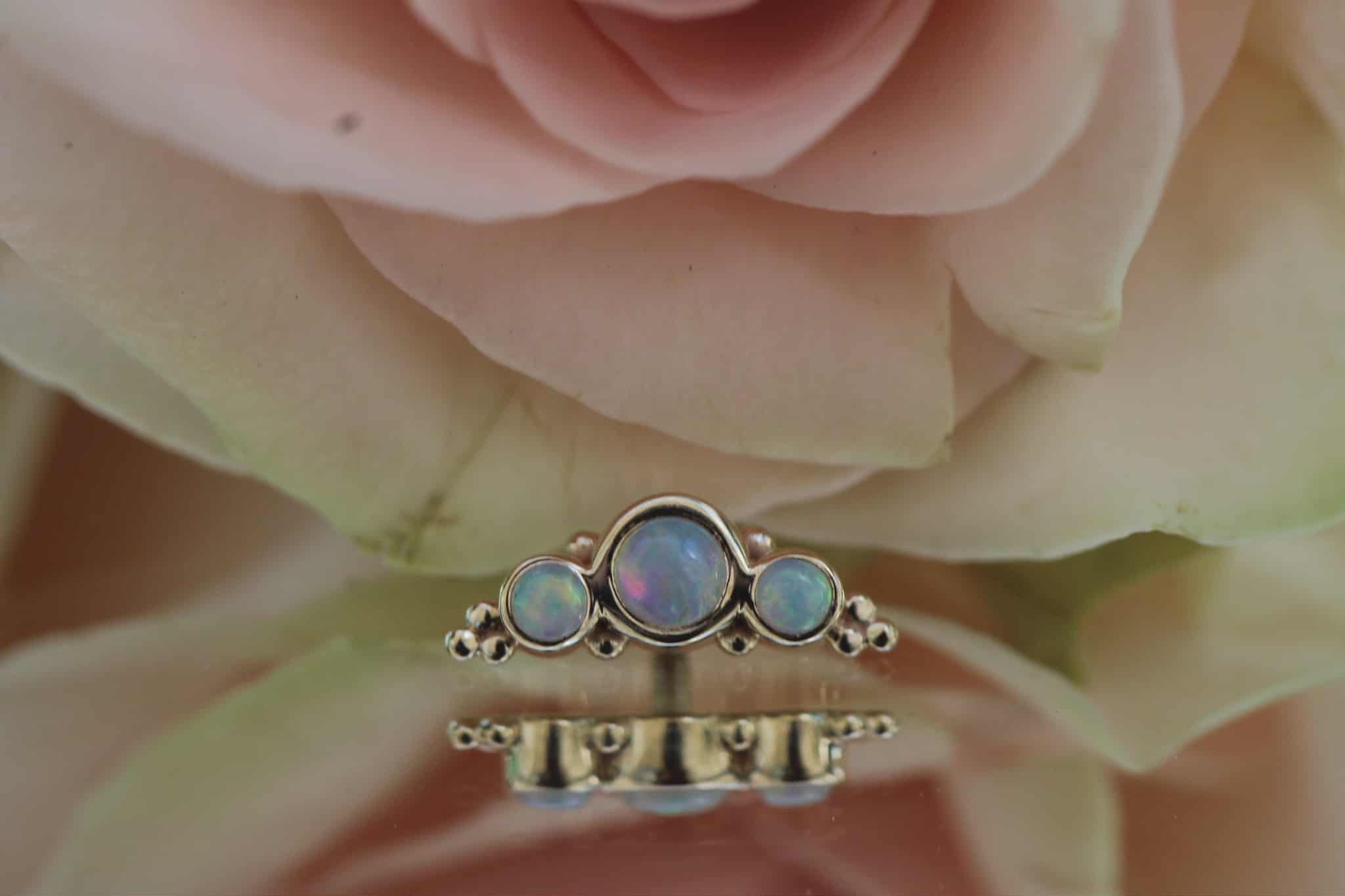 Body Vision Los Angeles ( BVLA ) , Yellow Gold 3 gem Graduating Panaraya with White Opal