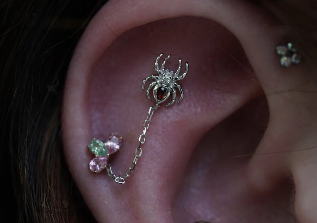Flat piercing with a healed helix piercing.
White gold Grim with genuine garnet
Modern Mood
Anatometal pear fan