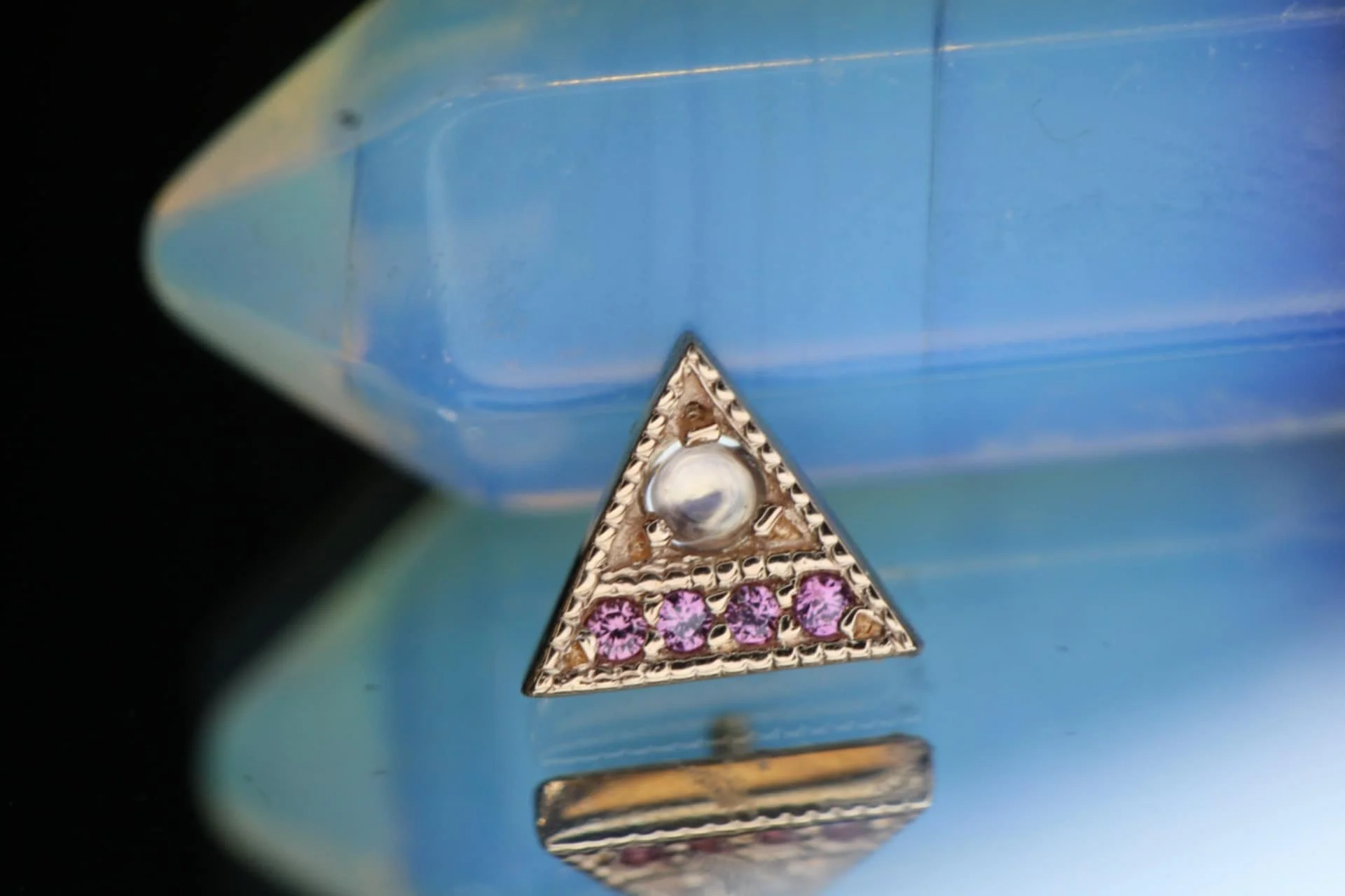 Body Vision Los Angeles ( BVLA ) , Rose Gold Endymion Triangle with Rainbow Moonstone & Rhodolite