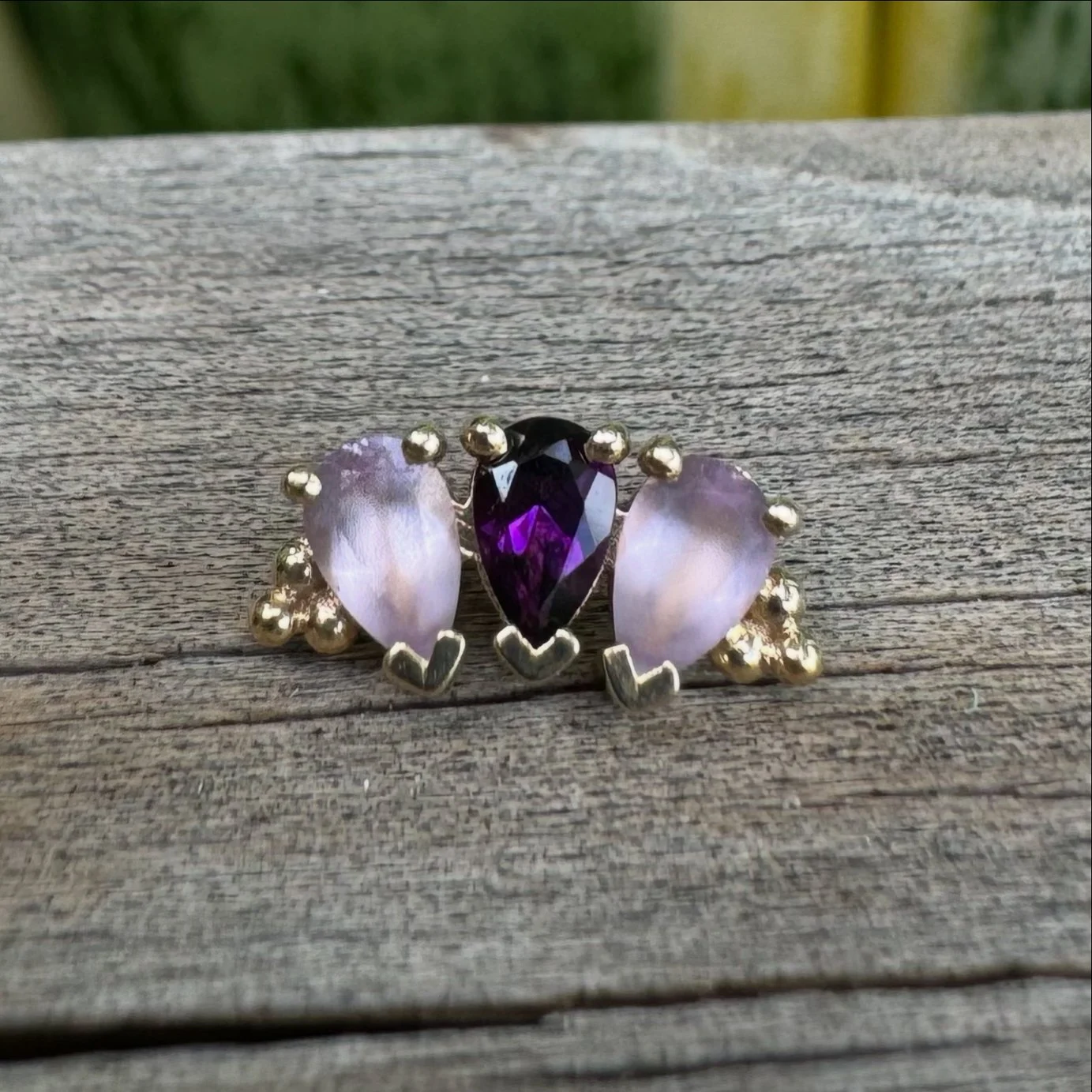 Body Vision Los Angeles ( BVLA ) , Yellow Gold 3 gem Pear Panaraya with sandblasted Light Amethyst & Amethyst