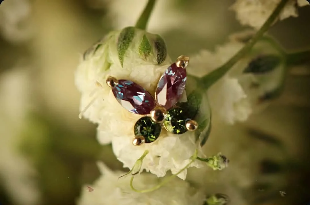 BVLA Body Vision Los Angeles, yellow gold with lab created Alexandrite and genuine green tourmaline
