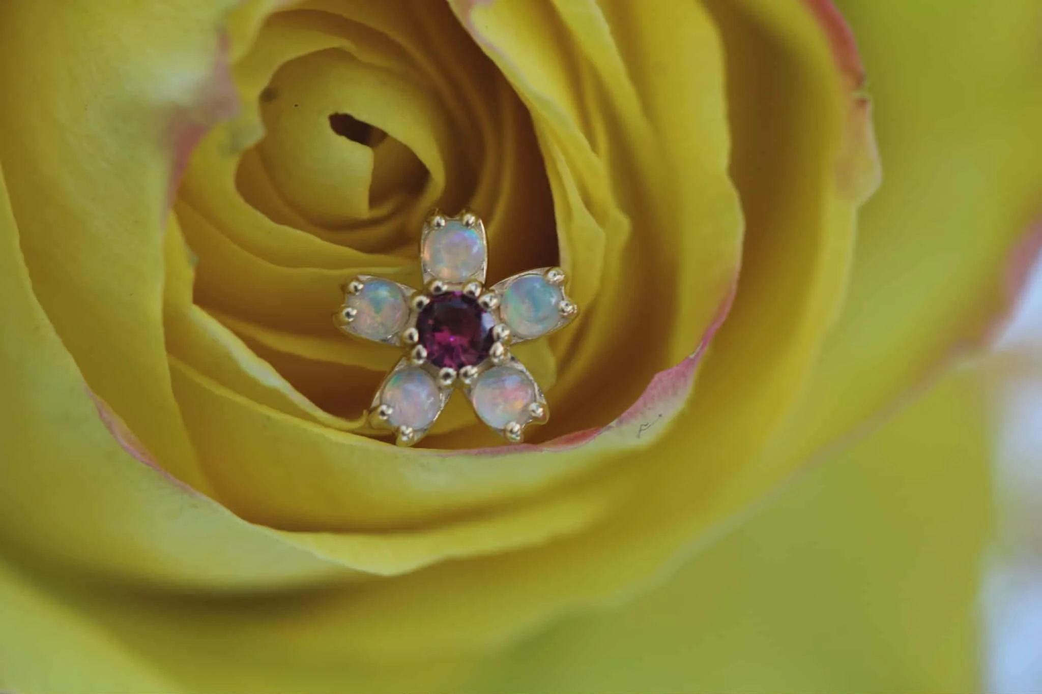 Body Vision Los Angeles ( BVLA ) , Yellow Gold Cherry Blossom with White Opals & Pink Tourmaline