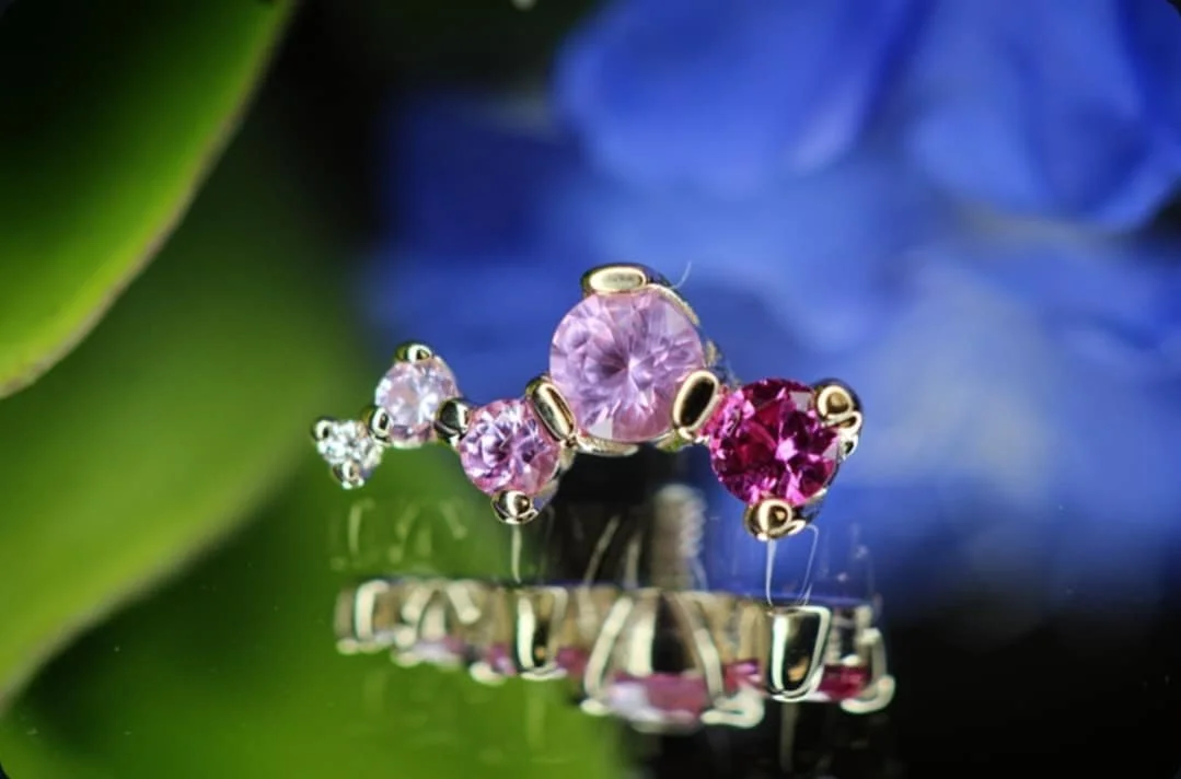 Body Vision Los Angeles ( BVLA ) , Yellow Gold Ripple with Hot Pink Sapphire, Pink Sapphire, Light Pink Sapphire & White Diamond