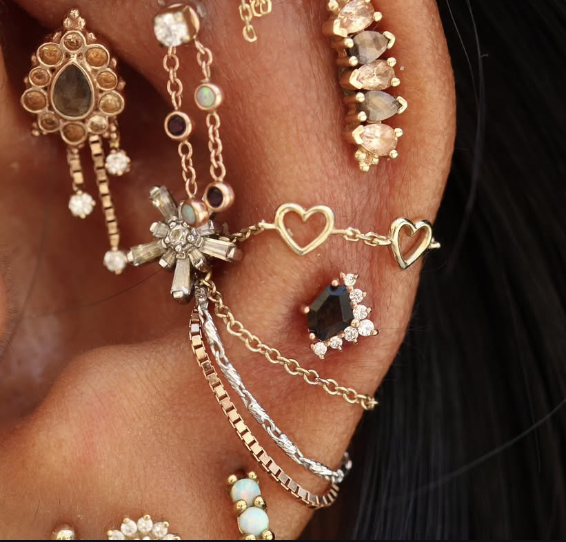 Body Vision Los Angeles ( BVLA ) diamonds, yellow gold, rose gold, ear styling, fine jewelry, gold chain, conch piercing, rook piercing, ear piercing