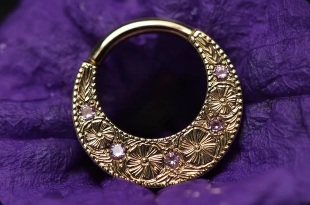 Body Vision Los Angeles ( BVLA ) , Yellow Gold Primrose hinge ring with Light Pink Sapphire