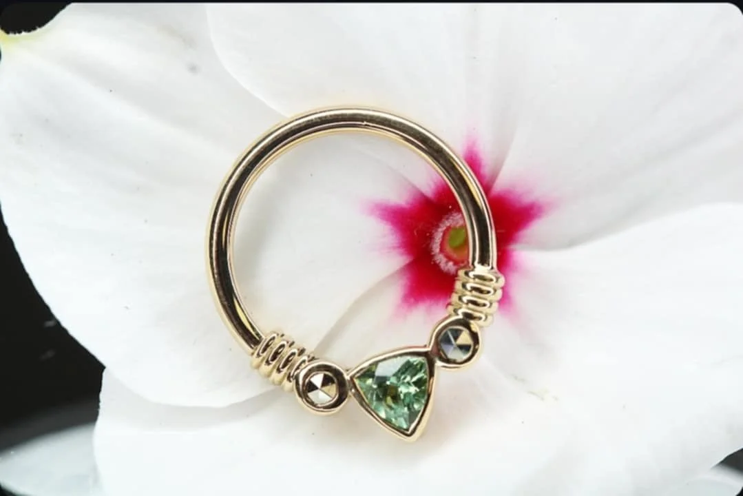 Body Vision Los Angeles ( BVLA ) , Yellow Gold Trillion Faraway seam ring with Seafoam Tourmaline & Marcasite