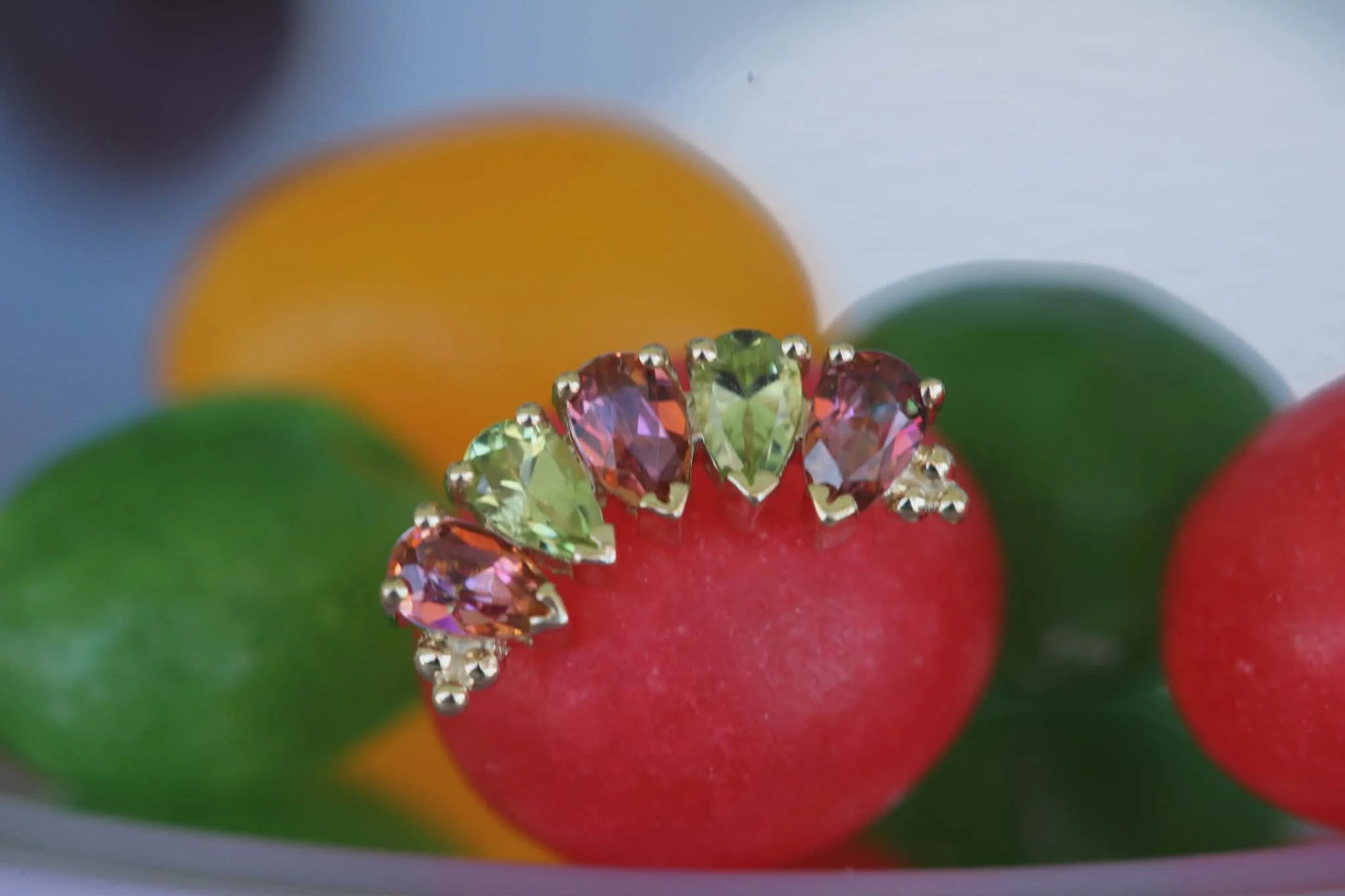 Body Vision Los Angeles ( BVLA ) , Yellow Gold , 5 gem Pear Panaraya with Anastasia Topaz & Peridot