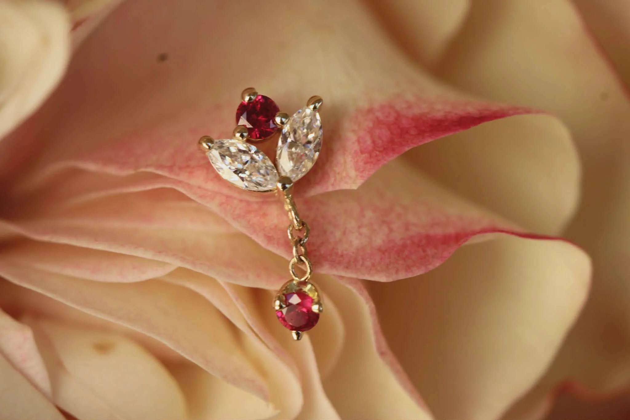 BVLA Body Vision Los Angeles, Bloom Drop, Yellow gold with white CZ and genuine ruby
