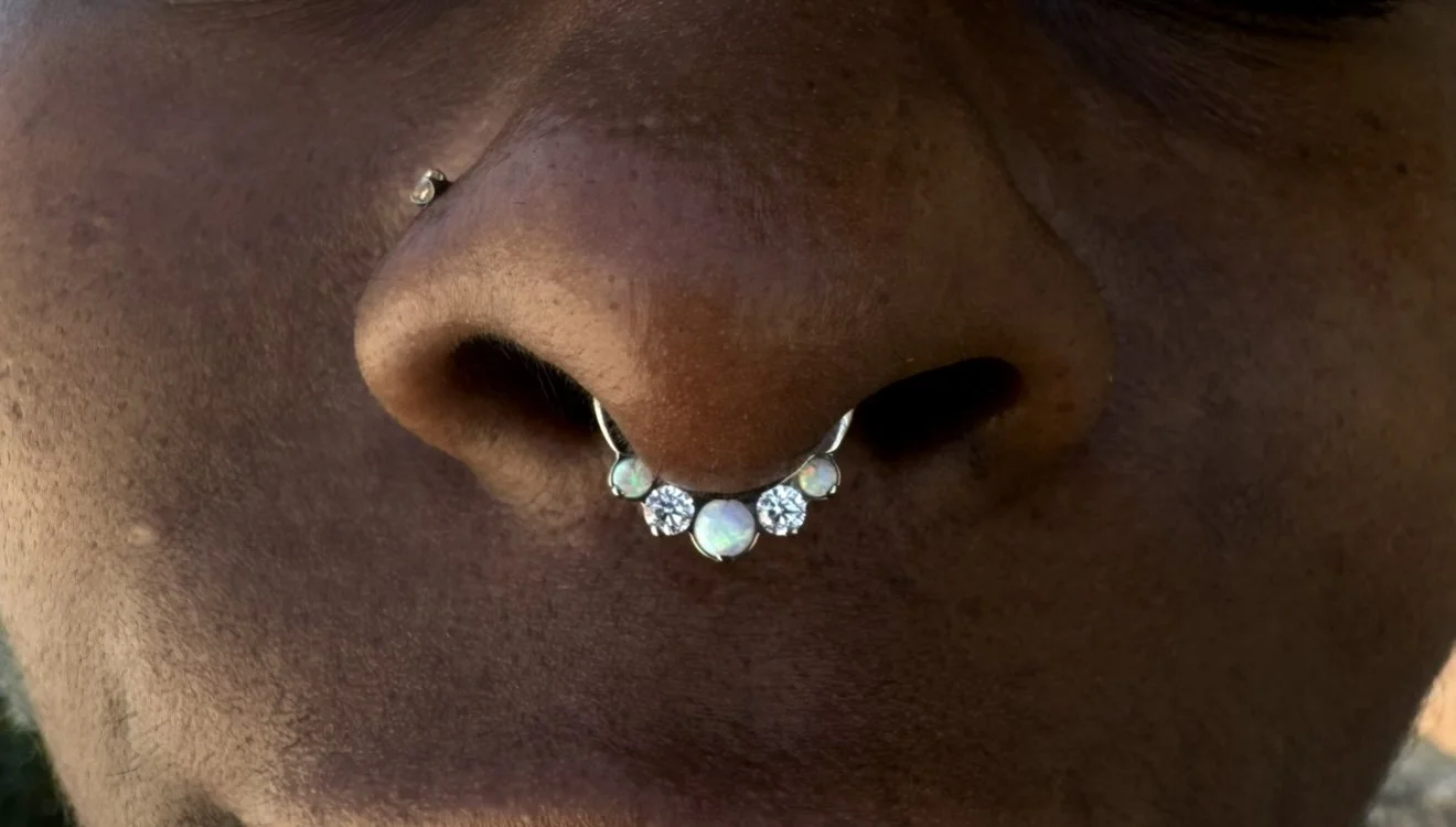 Septum piercing and a implant grade titanium Odyssea Clicker made by Industrial Strength Body Jewelry.