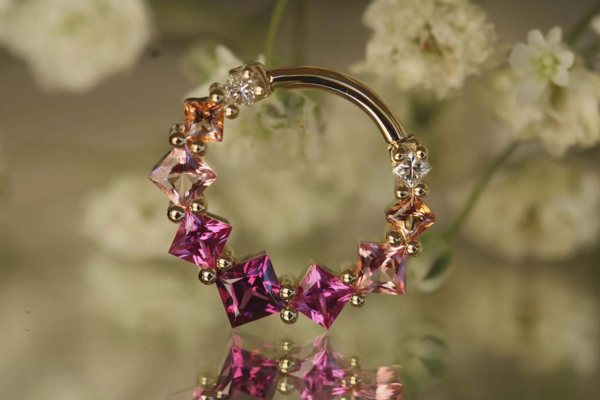 BVLA Body Vision Los Angeles, yellow gold Graduating Tiffany, Rhodolite, Hot Pink Sapphire, Pink Topaz, Peach Topaz and Diamond
