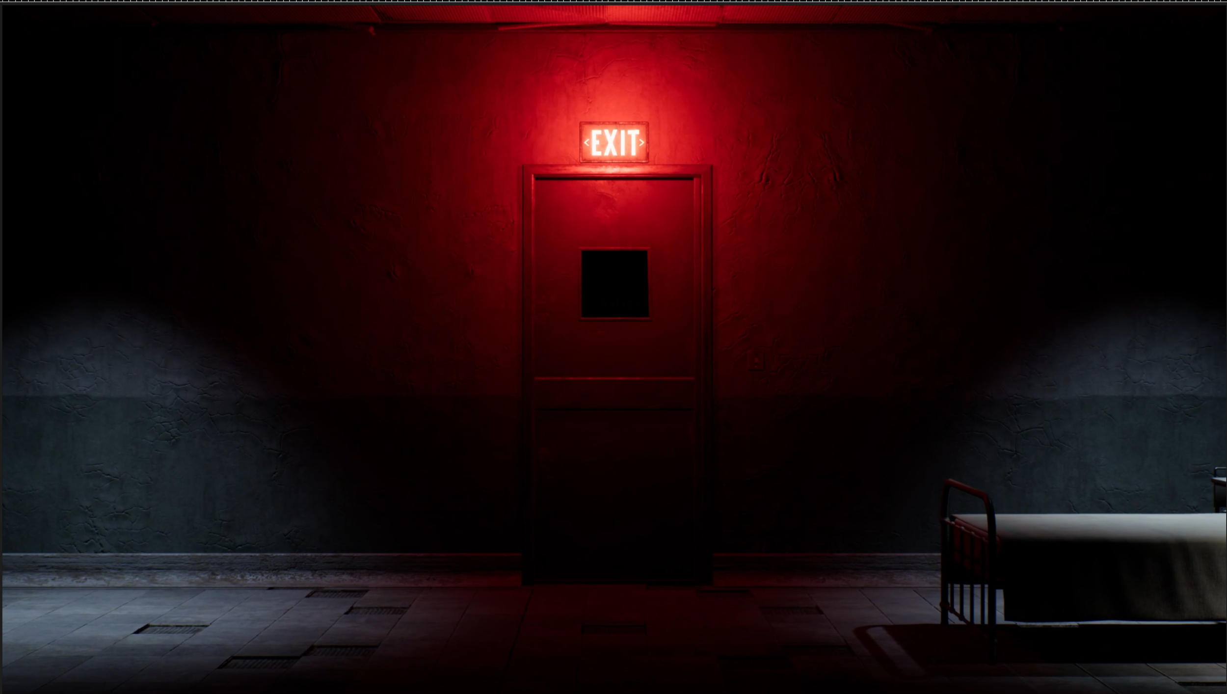 Dimly lit corridor with a closed door and a red 'EXIT' sign above it, and a bed partially visible on the right side.