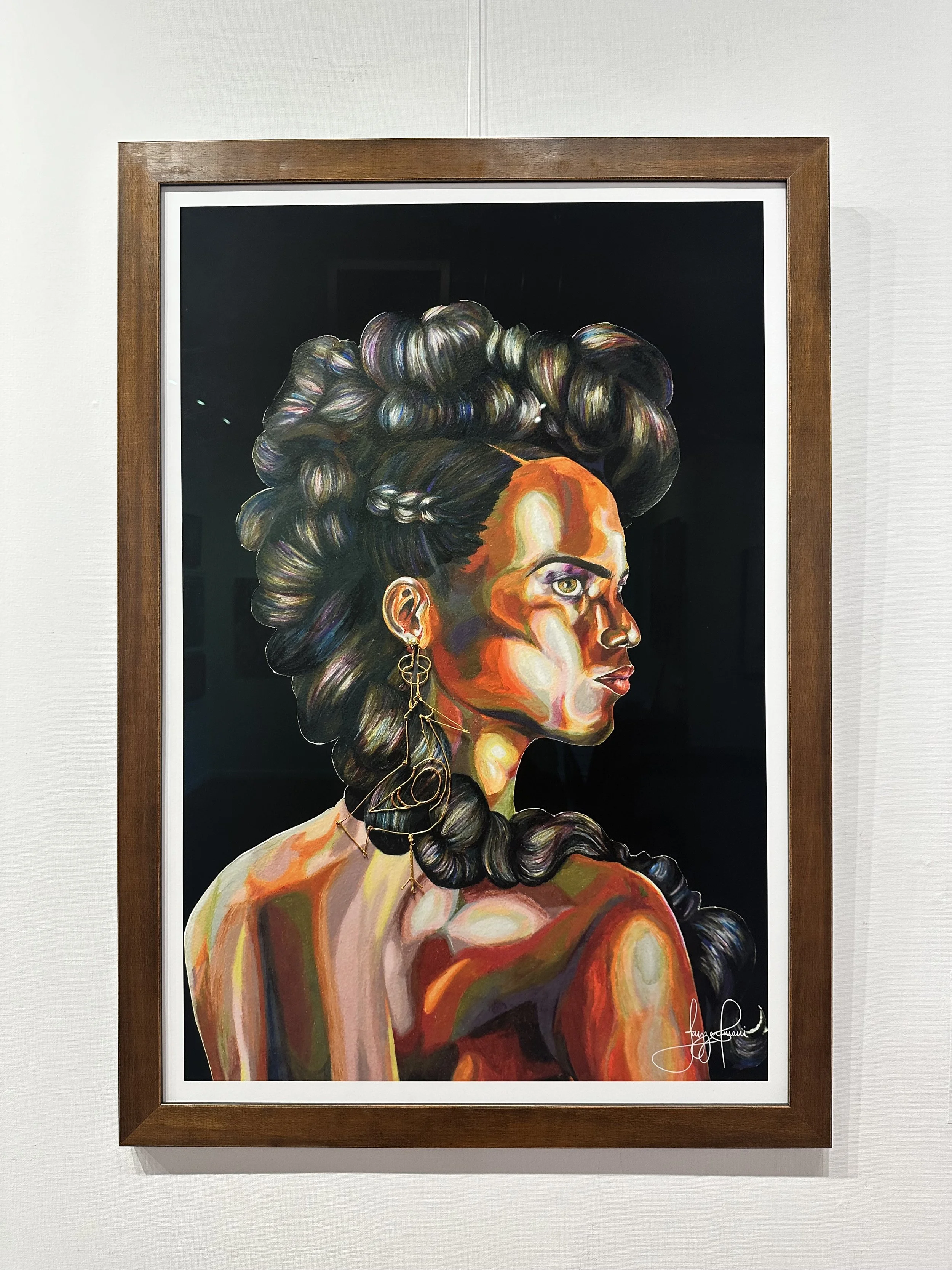 Colorful portrait of a woman with elaborate hairstyle and large earrings, painted in an expressive style with vibrant colors, framed in wood. Signed at the bottom right.