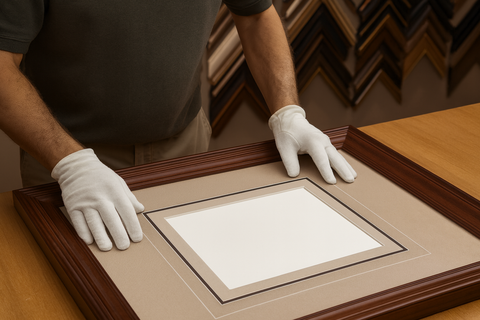 A person wearing white gloves carefully handling a framed certificate or artwork on a wooden table.
