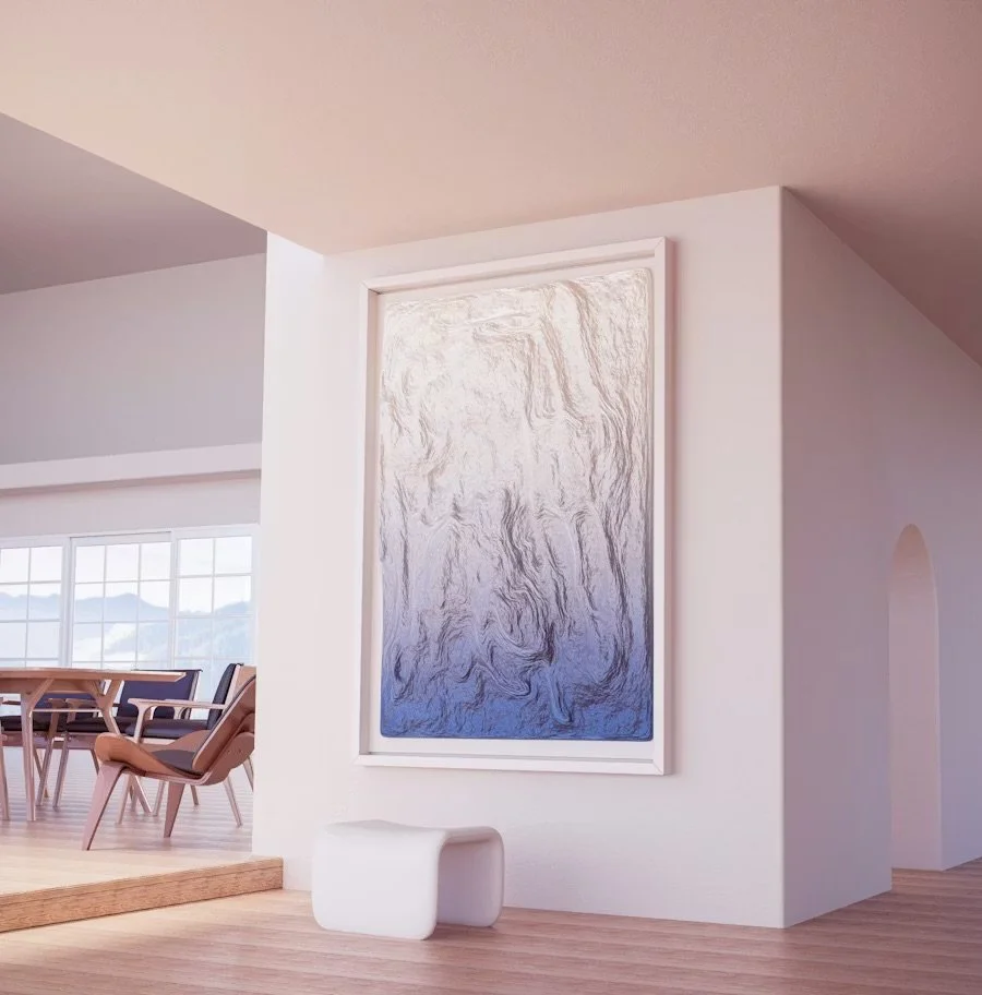 Modern interior with a large window, wooden dining table, chairs, and a textured abstract artwork on the wall.