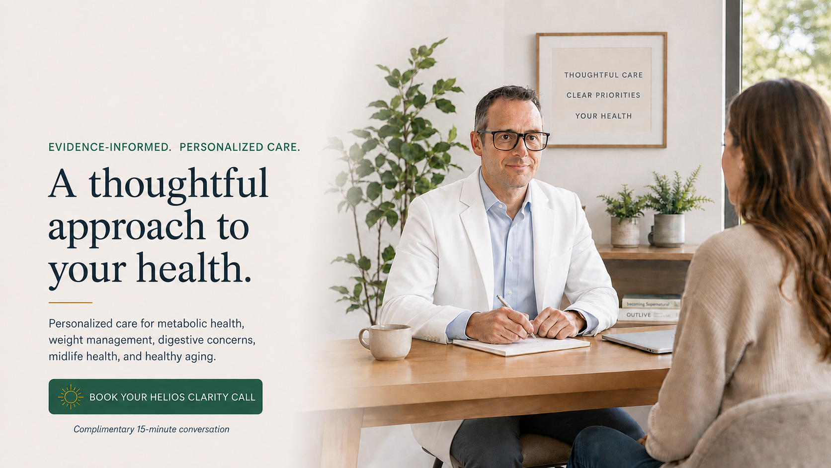 Helios Healthcare clinician in a white coat consulting with a patient in a bright office.