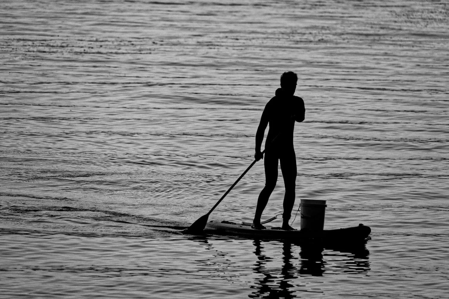 Silhouette of a person paddleboarding on calm water at sunset with a bucket on the board.
