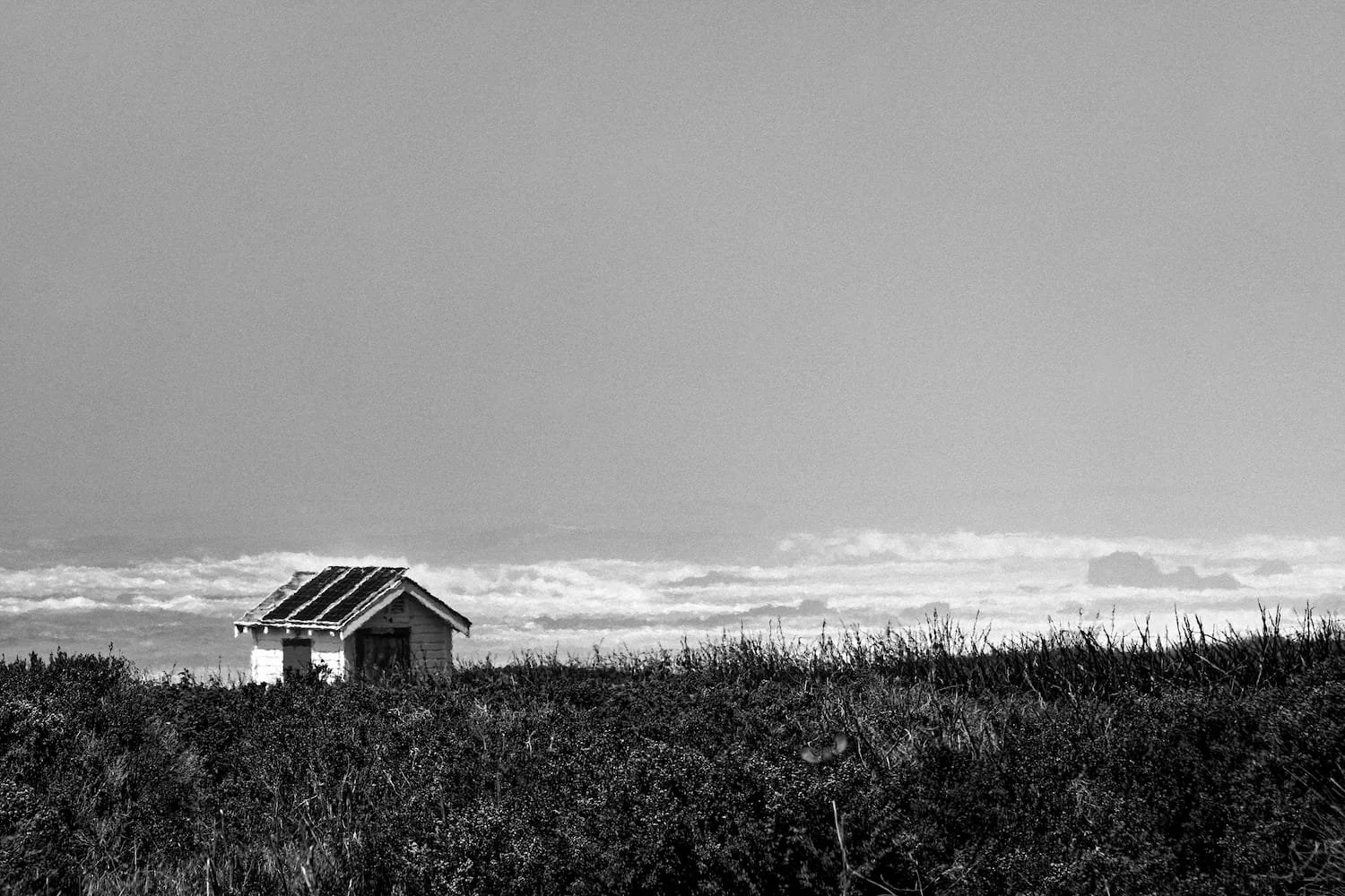 A small wooden house with a sloped roof on a grassy field, under a cloudy sky in black and white.