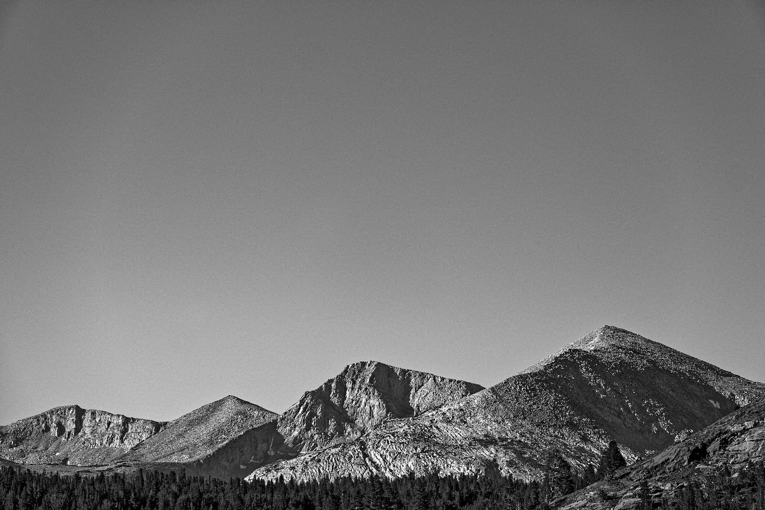 Black-and-white photo of rugged mountain range with snow-capped peaks and a forested base.