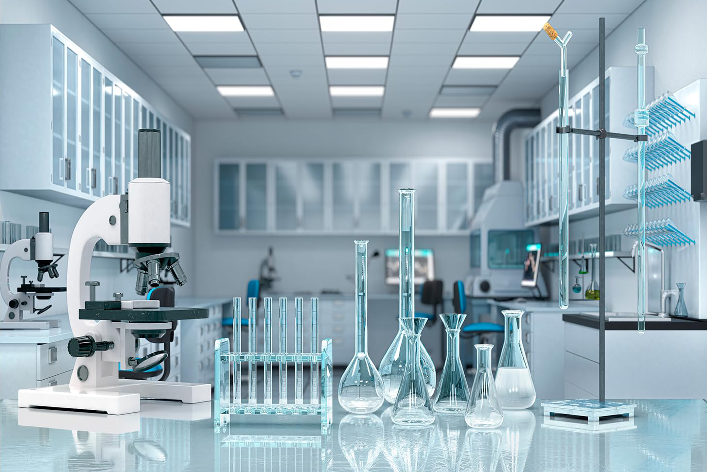 A modern scientific laboratory with glassware, test tubes, beakers, a microscope, and laboratory equipment on a white counter, with cabinets, computers, and lab supplies in the background.