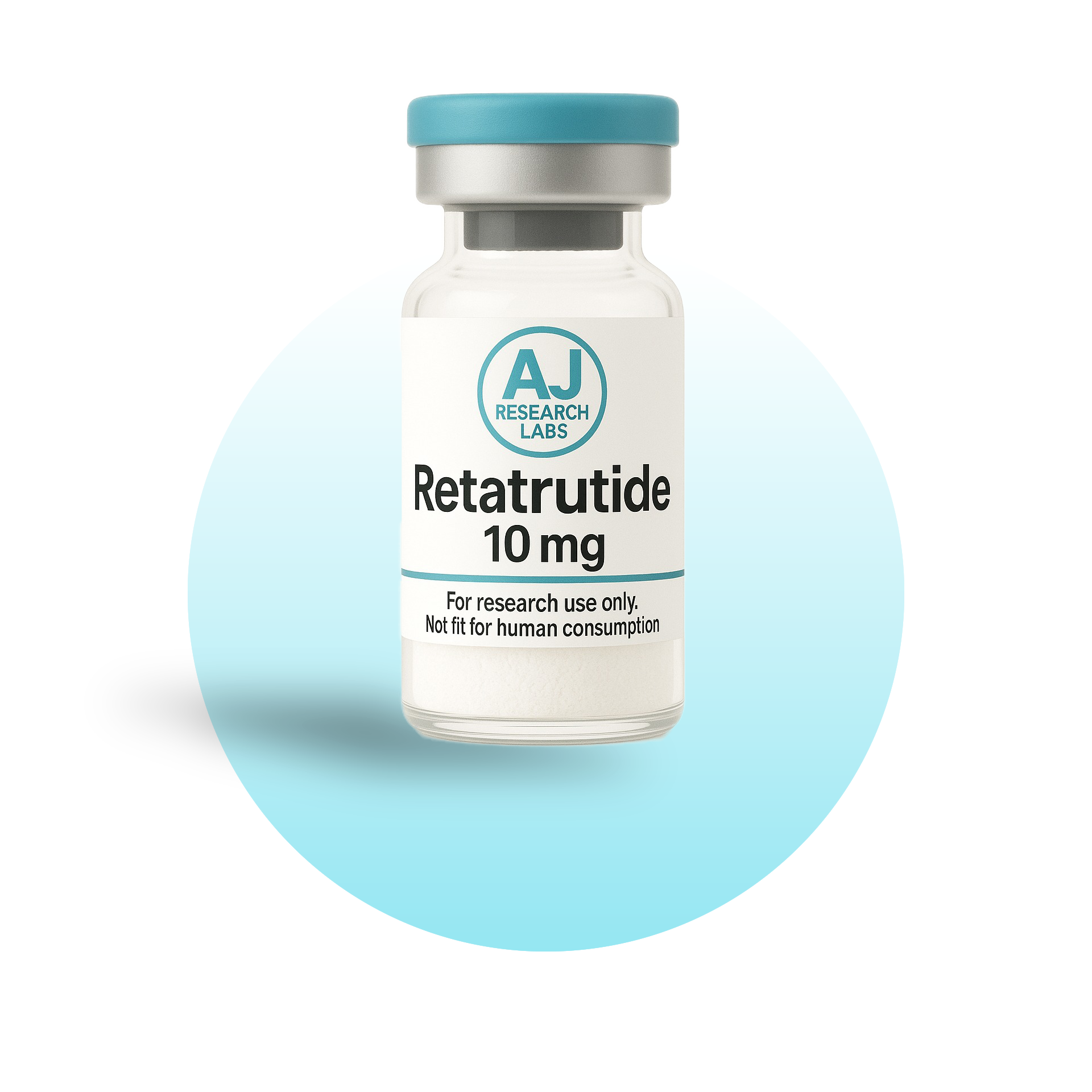 A vial labeled 'Retatrutide 10 mg' from AJ Research Labs, marked for research use only, not for human consumption, with a light blue cap.