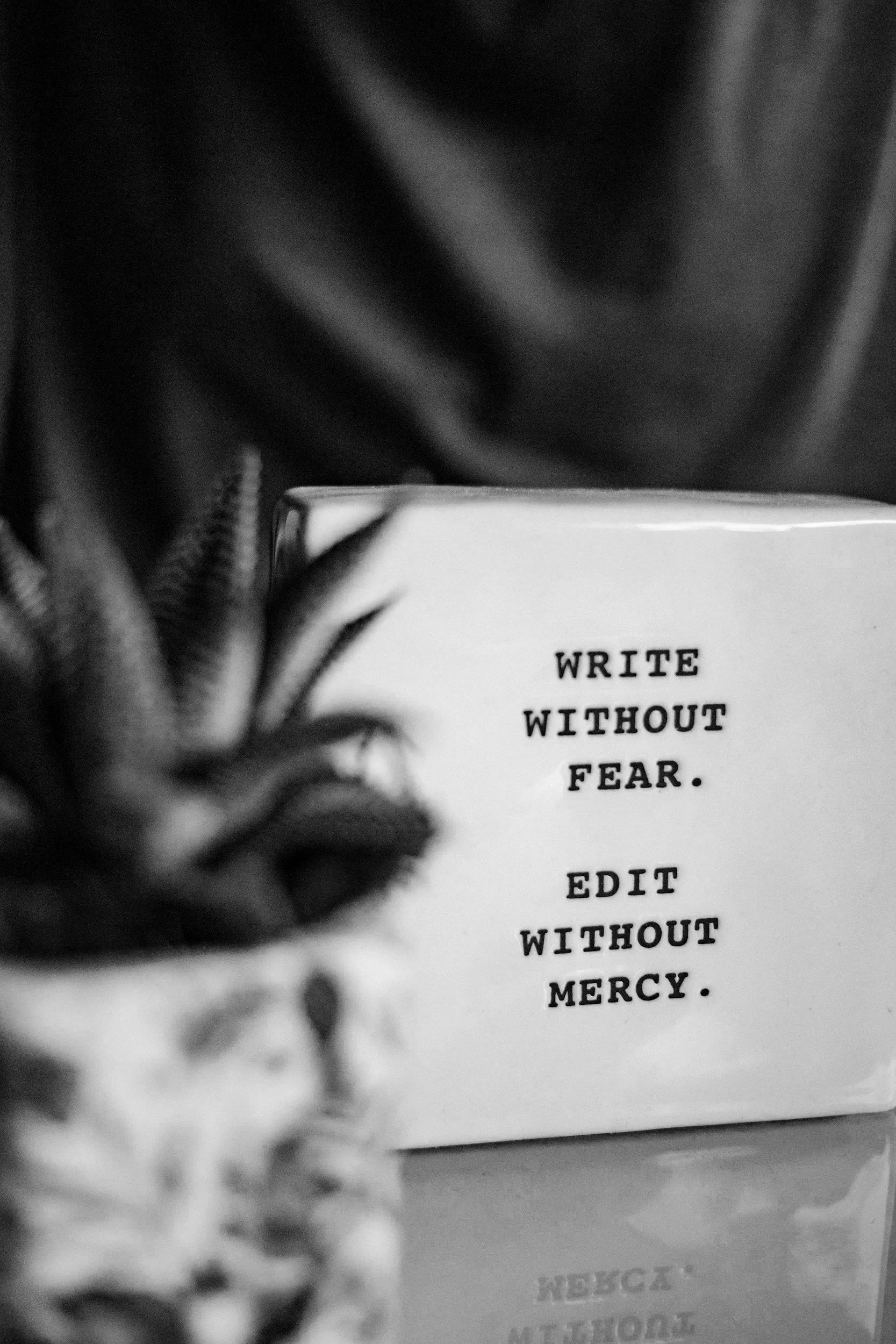 A white mug with the quote "Write without fear. Edit without mercy." printed in black, partially visible with a blurred plant and a dark fabric background.
