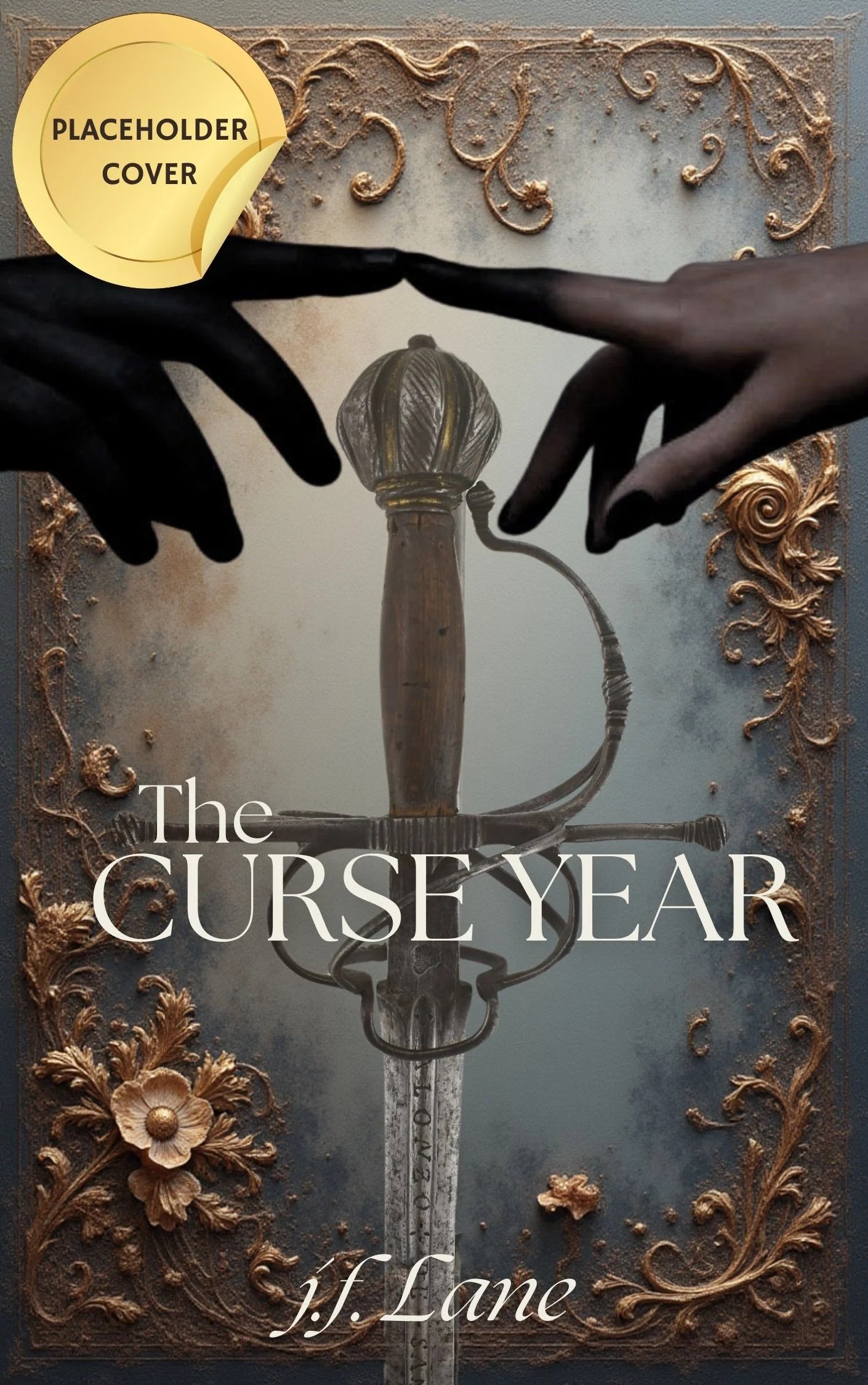 placeholder cover for debut grimdark romantic fantasy novel The Curse Year by j.f. Lane created in Canva with images from Pinterest