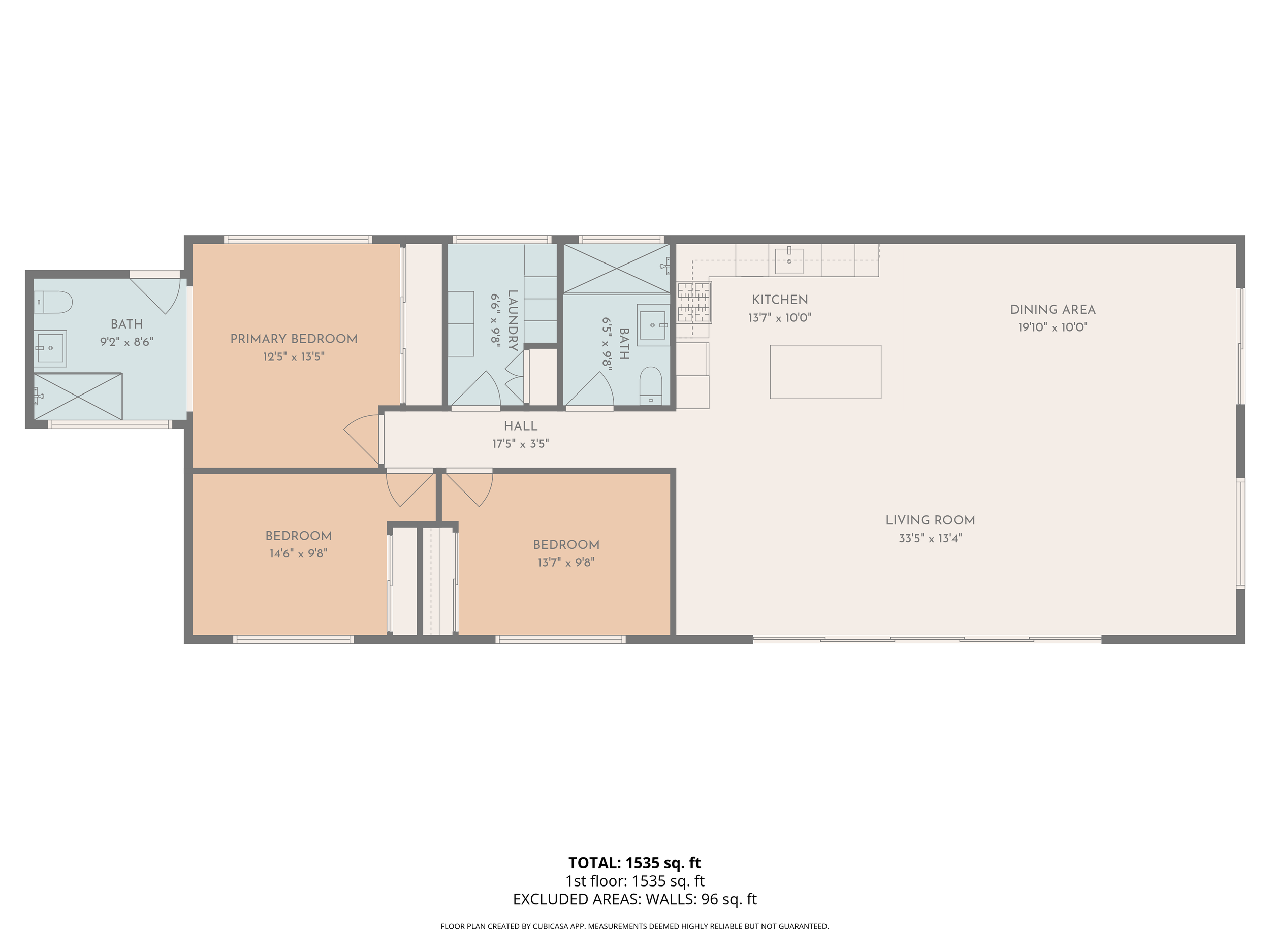 Floor plan of a house showing three bedrooms, two bathrooms, a kitchen, dining area, living room, laundry room, and hall. Total area 1535 sq. ft.