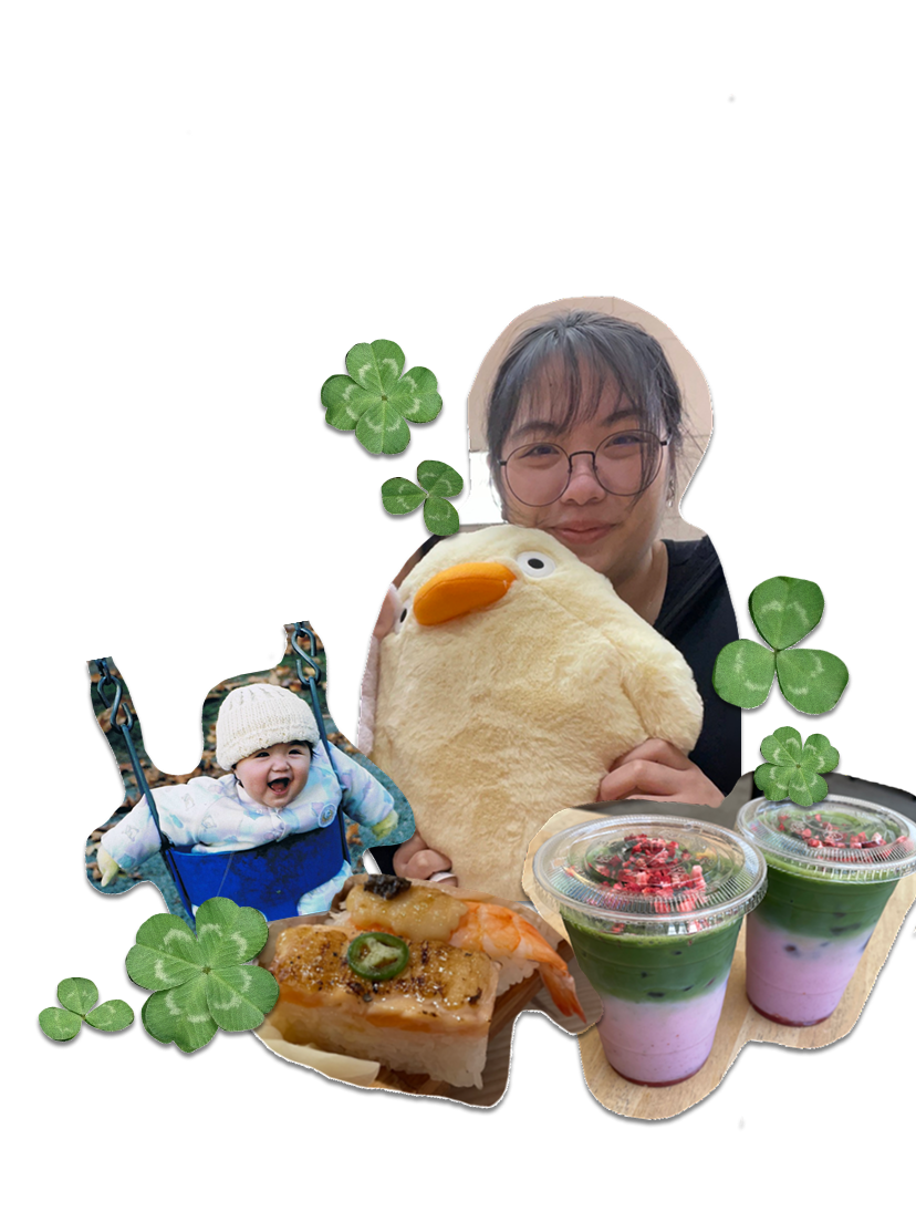 A woman holding a plush duck toy, surrounded by shamrocks, with a baby in a swing, and two layered parfaits and a slice of cake on a table.