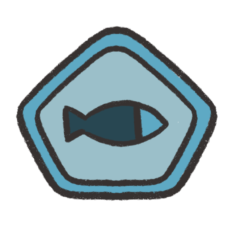 A cartoon-style icon of a fish enclosed within a pentagon shape, using shades of blue and black outlines.