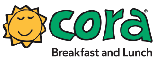 Cora logo with a smiling sun icon and the words 'Cora' in green, and 'Breakfast and Lunch' beneath in black.